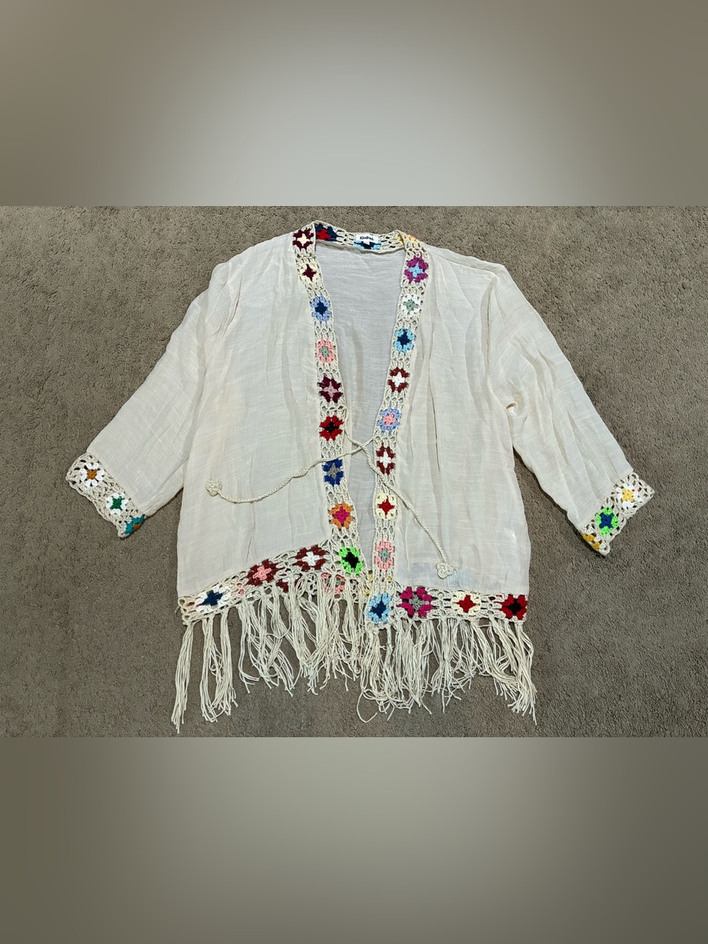 Kindred Boho Crochet Tie Fringe Cardigan Cover-Up Women 2X Natural Granny Square
